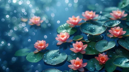 Foto op Canvas  A flock of pink water lilies floating on the water's surface, adorned with droplets © Janis