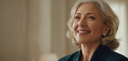 mature adult German or Caucasian woman, smiling happily, in a good mood and contentment, everyday life at home or as a pensioner or wife