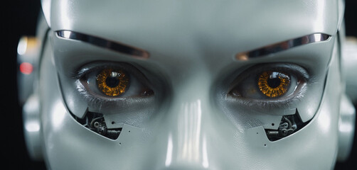 close-up face and head, eyes, evil robot with revenge or hatred in the eyes, anger and annoyance, secret plan, white outer skin, artificial intelligence in the form of a humanoid android - obrazy, fototapety, plakaty