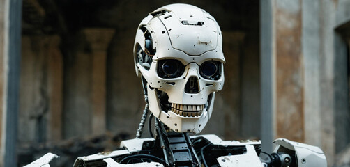 artificial intelligence in the form of a humanoid android, a robot, metal skeleton and horror and nightmare, fictional place