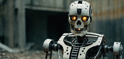 artificial intelligence in the form of a humanoid android, a robot, metal skeleton and horror and nightmare, fictional place