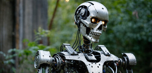 artificial intelligence in the form of a humanoid android, a robot, metal skeleton and horror and nightmare, fictional place