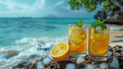 Lemonade, with ice and mint. Two glasses on the side. The beach and the ocean in the background.