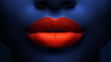  A woman's close-up face with red lips on a blue background
