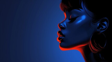  Woman's face illuminated in red and blue, against blue backdrop