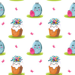Easter kulich with a wreath of flowers. On light background for cards, banners, textiles. Vector illustration.