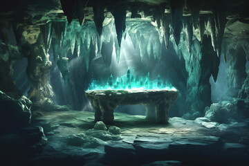 A magical dark cave, an ancient witch's table, stalactites, shimmering emeralds and crystals. - obrazy, fototapety, plakaty