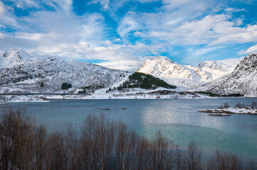 Beautiful view of the bridge ¨Vesterstraumen¨ over a fjord on the Lofoten Islands, northern Norway