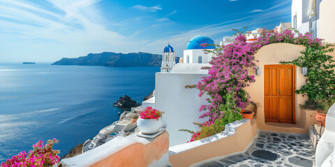 Santorini island view with sea, blooming flowers and wooden door - obrazy, fototapety, plakaty