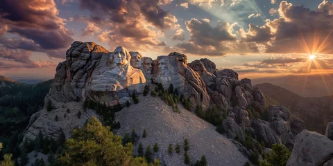Wandcirkels tuinposter Mount Rushmore monument with surrounding landscape at sunset © Anna