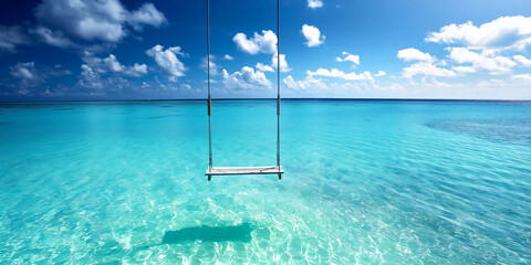 Fototapeta na wymiar swing over turquoise ocean water and blue sky, on tropical island
