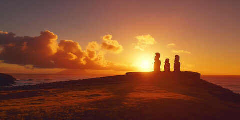 Obraz premium Easter Island Moai statues on a hill at sunrise, ancient totem gods