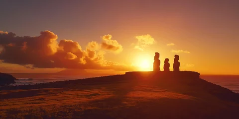 Rolgordijnen Easter Island Moai statues on a hill at sunrise, ancient totem gods © Anna