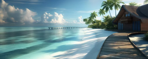 Gordijnen tropical island beach resort with palm trees, white sand a turquoise ocean © Anna