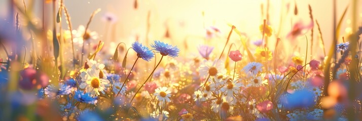 Summer wild field with wildflowers daisies and cornflowers and poppies in the rays of the sun, banner - Powered by Adobe