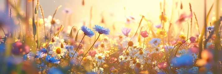 Outdoor kussens Summer wild field with wildflowers daisies and cornflowers and poppies in the rays of the sun, banner © Henryzoom