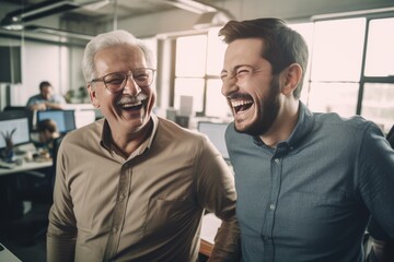two male coworkers laughing in the office