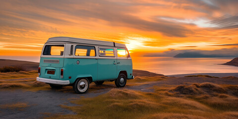 vintage camper van by the sea at sunset, rare view