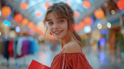 A beautiful young woman in red dress with a bright shopping bag stands and looks smiling at the camera