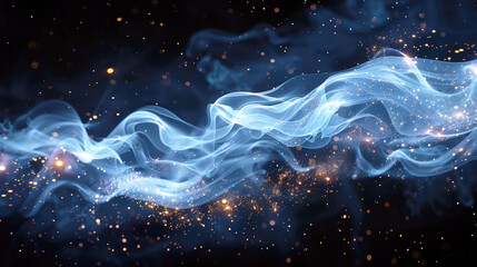 Blue smoke slowly rises in smooth lines with silver particles on a black background. Abstract background. - obrazy, fototapety, plakaty