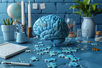 Brain with puzzle pieces on a desk, creative mind, exploding brain full of ideas and imagination, education and innovation concept
 - obrazy, fototapety, plakaty