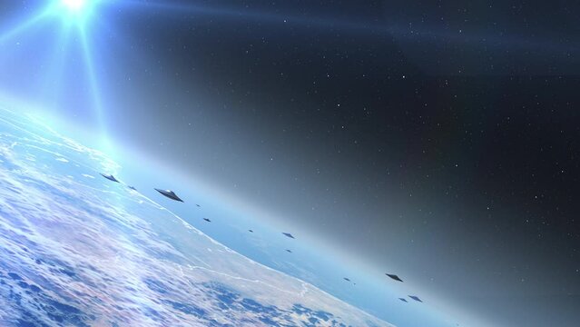 Alien saucer ufo's fleet flying above earth, extraterrestrial concept

Alien invasion sci-fi concept,4K, 2024
