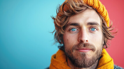 Portrait of a young Caucasian man with blue eyes on a blue background, copy space. - Powered by Adobe