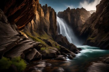 The waterfall framed by jagged cliffs, creating a dramatic contrast between the rugged rocks and the flowing water