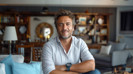 Fototapeta premium Dark middle aged man, interior designer in the living room.