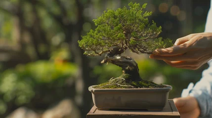 Gordijnen Enthusiast learning the art of cultivating and shaping bonsai trees © quinn