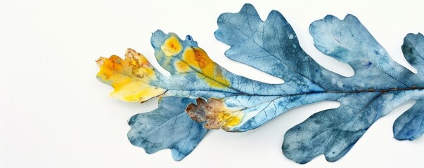 Elegant herbarium composition with a Blue Oak leaf and autumn bouquet, highlighted by a delicate yellow watercolor splash.