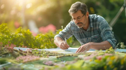 Foto auf Alu-Dibond Landscape designer at work creatively brings ideas to life, crafting harmonious and beautiful landscapes inspired by the beauty of nature © quinn