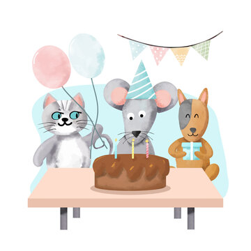 House birthdays party with mouse cat and dog.