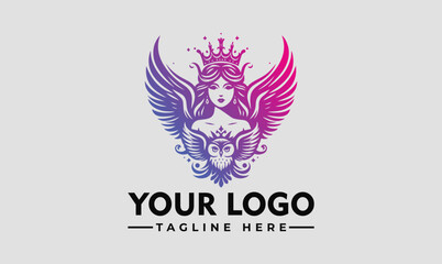 logo simple of a beautiful female goddess of wisdom with wings, a crown, and an owl neckline