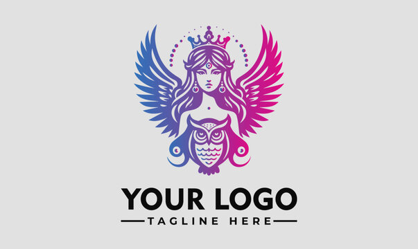 logo simple of a beautiful female goddess of wisdom with wings, a crown, and an owl neckline