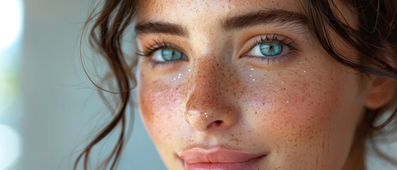 A young woman with a natural glow from hydration therapy, smiling subtly, light reflecting off her dewy skin, captured in high key lighting - obrazy, fototapety, plakaty