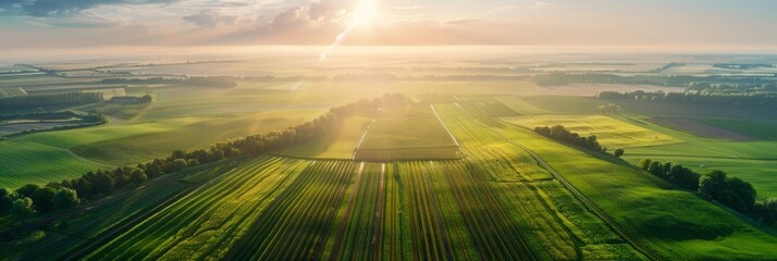Bird's eye view of agricultural cultivated seeded fields, farmland in the rays of the rising sun,...