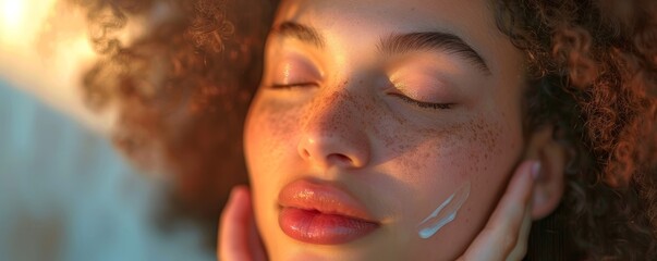 Intimate skincare scene, young woman with a radiant complexion applying moisturizer, capturing the tranquility of a quiet morning