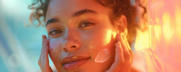 Young woman with radiant complexion applies moisturizer peacefully on a quiet morning, setting an intimate skincare scene - obrazy, fototapety, plakaty