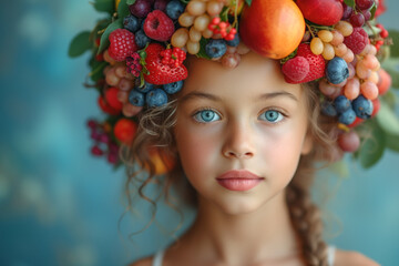 Portrait of a girl with fruits in her hair, strawberry, grapes, orange and blueberries, healthy...