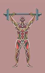 red white black modern style minimalist lines of a strong muscle pose strong body builder anatomy man at gym with bundle Doing exercises in all body positions using different gym equipment