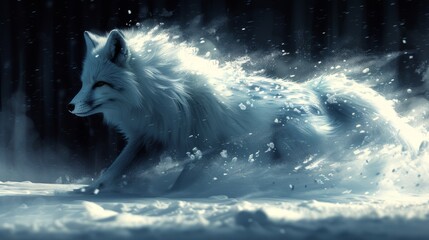  A white wolf runs through the snow, water splashing on its face and tail