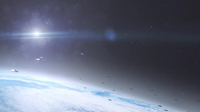 Alien saucer ufo's flying above earth

Alien invasion sci-fi concept,4K, 2024, outer space view
