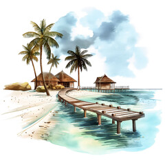 tropical island beach resort with palm trees illustration on a transparent background