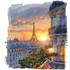 Paris city view with Eiffel Tower at sunrise digital illustration in a square on a transparent background - obrazy, fototapety, plakaty