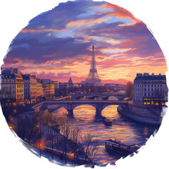 Paris city view at sunset digital illustration in a circle on a transparent background - obrazy, fototapety, plakaty