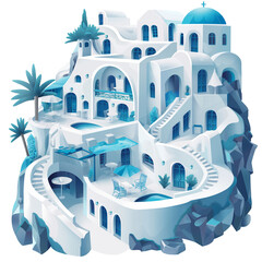 white and turquoise blue Santorini Island digital illustration on a transparent background