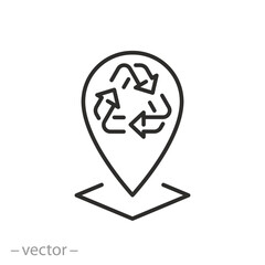 recycling location icon, recycle location pin, thin line symbol on white background - editable stroke vector illustration