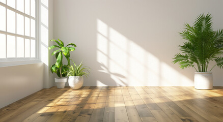 Fototapeta na wymiar Serene Interior Design with Lush Indoor Plants and Natural Light in big empty room with wooden floor