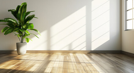 Fototapeta na wymiar Potted tropical plant on wooden floor in front of white wall with window shadows, in big empty room